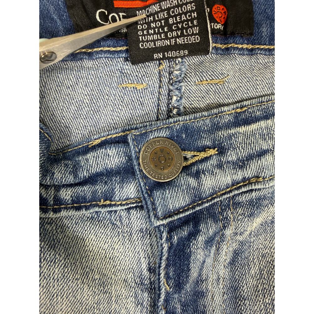 Copper Rivet Distressed Moto Mens Jeans Plaid Rip & Repair Light Blue 38x32 Slim - Picture 5 of 16